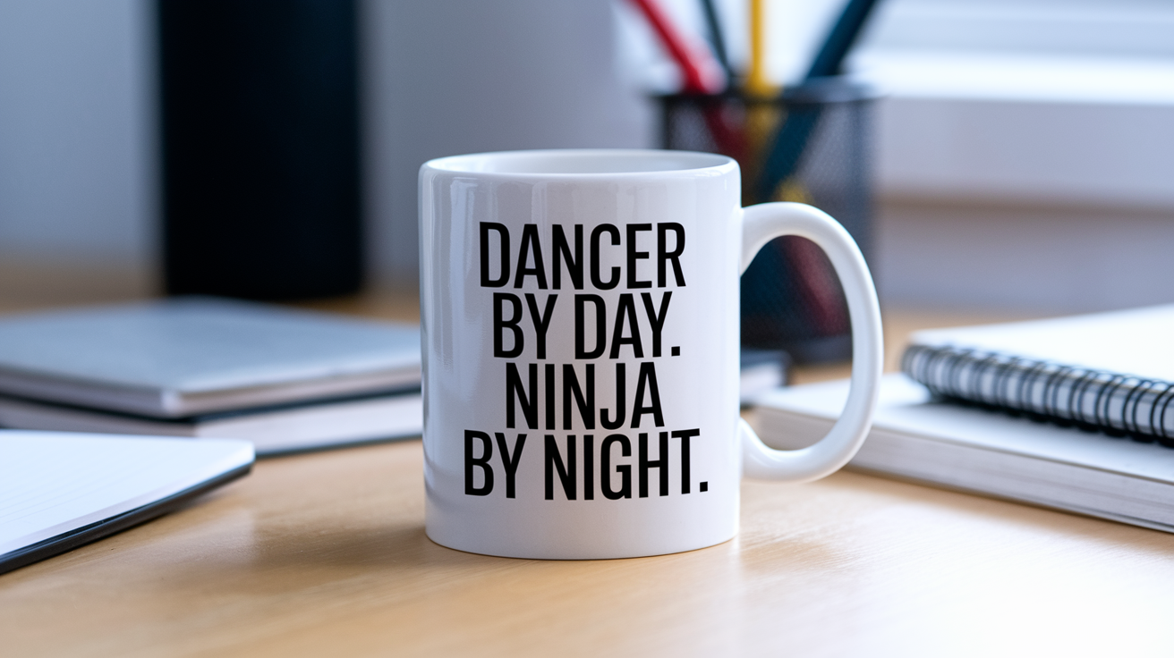 Dancer by Day Ninja by Night quote on coffee mug mockup for Amazon POD