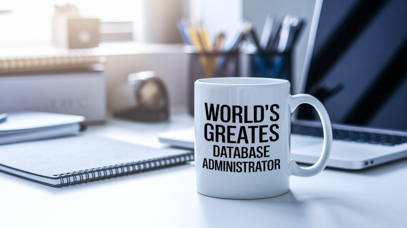 World's Greatest Database Administrator quote on coffee mug mockup for Amazon POD