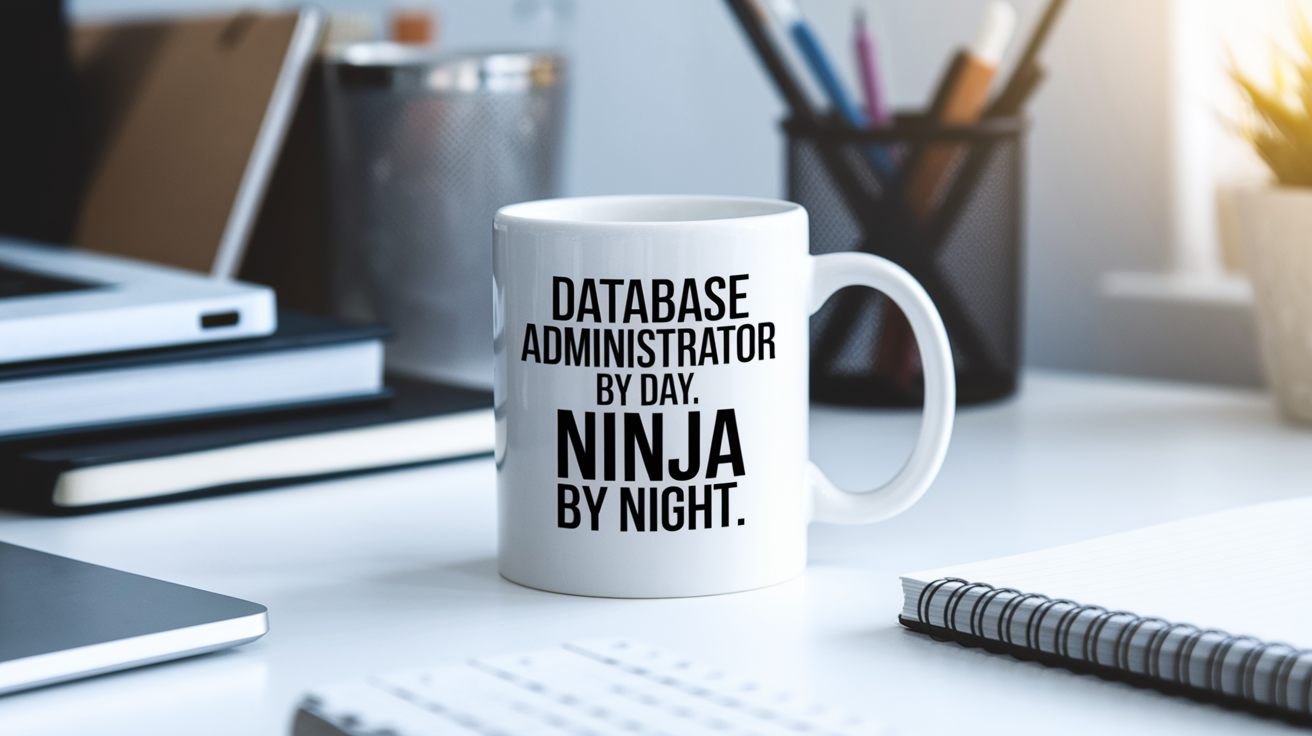 Database Administrator by Day Ninja by Night quote on coffee mug mockup for Amazon POD