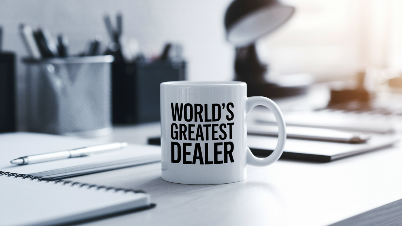 World's Greatest Dealer quote on coffee mug mockup for Amazon POD