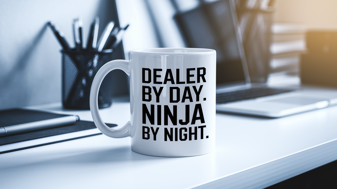 Dealer by Day Ninja by Night quote on coffee mug mockup for Amazon POD