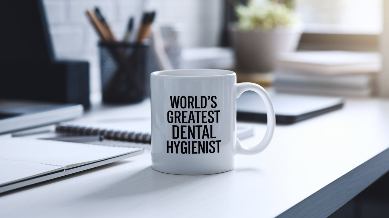World's Greatest Dental Hygienist quote on coffee mug mockup for Amazon POD