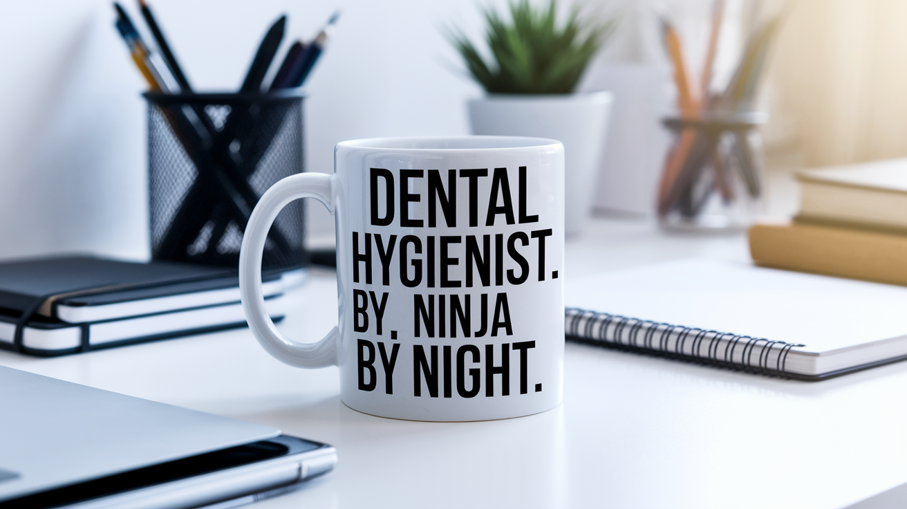 Dental Hygienist by Day Ninja by Night quote on coffee mug mockup for Amazon POD