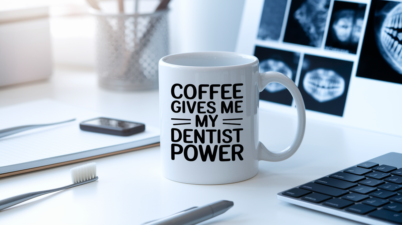 Coffee Gives Me My Dentist Power quote on coffee mug mockup for Amazon POD