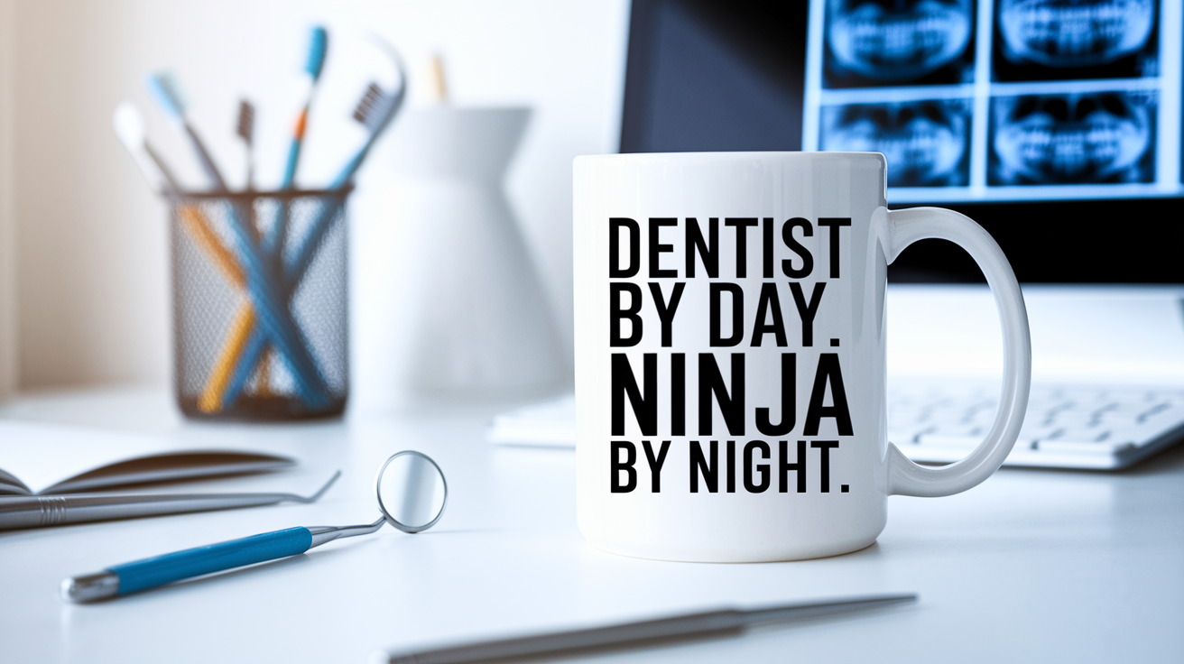 Dentist by Day Ninja by Night quote on coffee mug mockup for Amazon POD