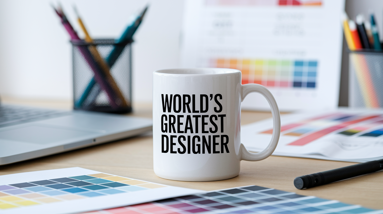 World's Greatest Designer quote on coffee mug mockup for Amazon POD