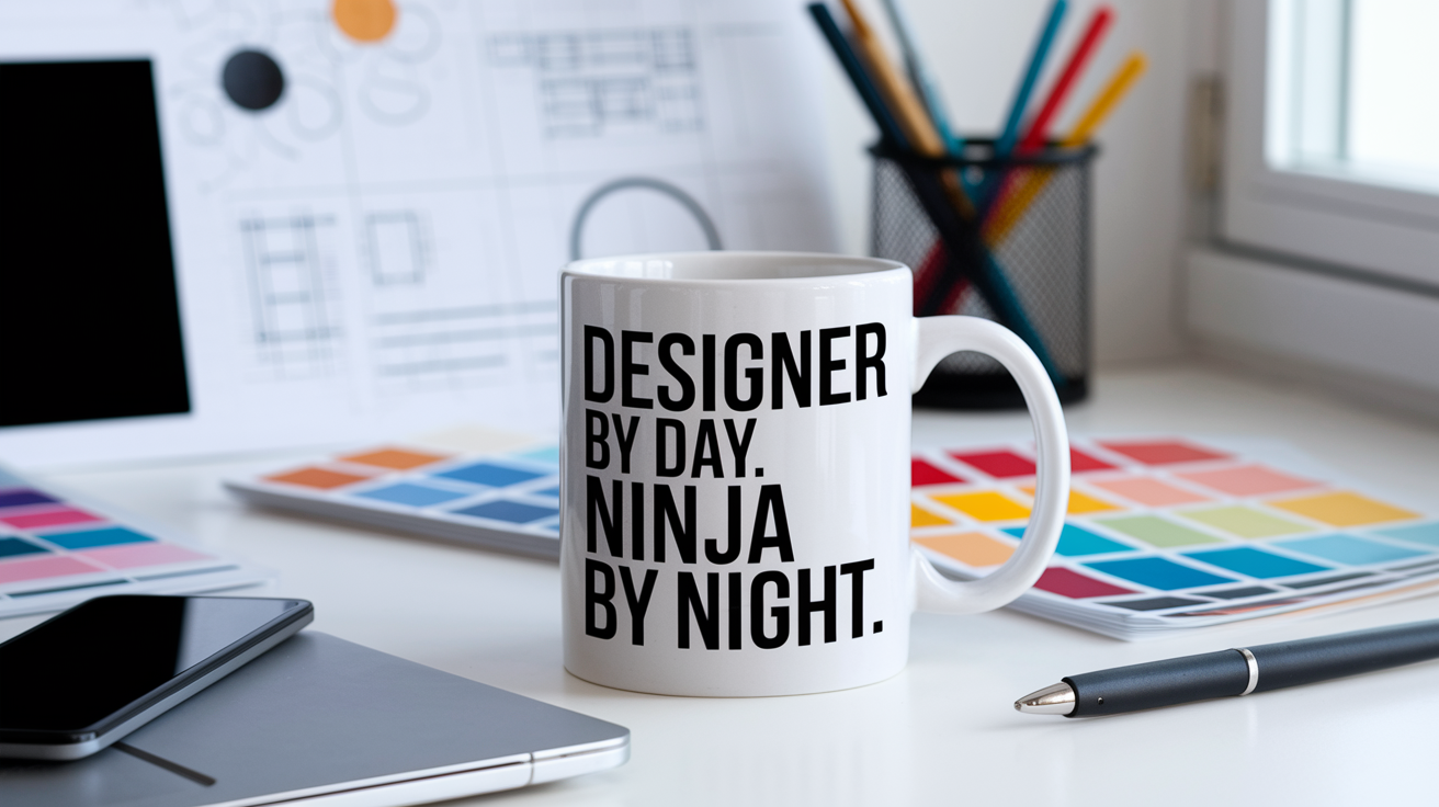 Designer by Day Ninja by Night quote on coffee mug mockup for Amazon POD