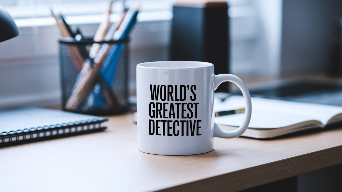 World's Greatest Detective quote on coffee mug mockup for Amazon POD