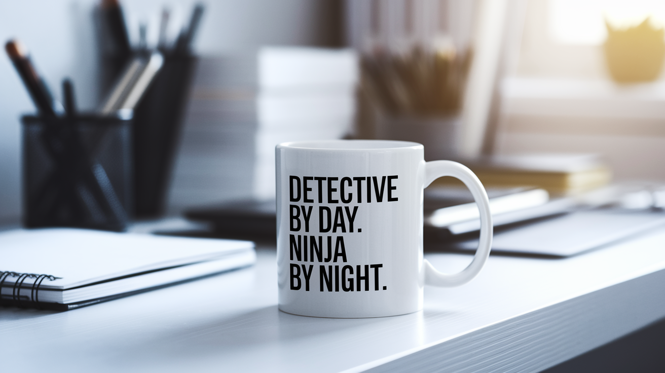 Detective by Day Ninja by Night quote on coffee mug mockup for Amazon POD