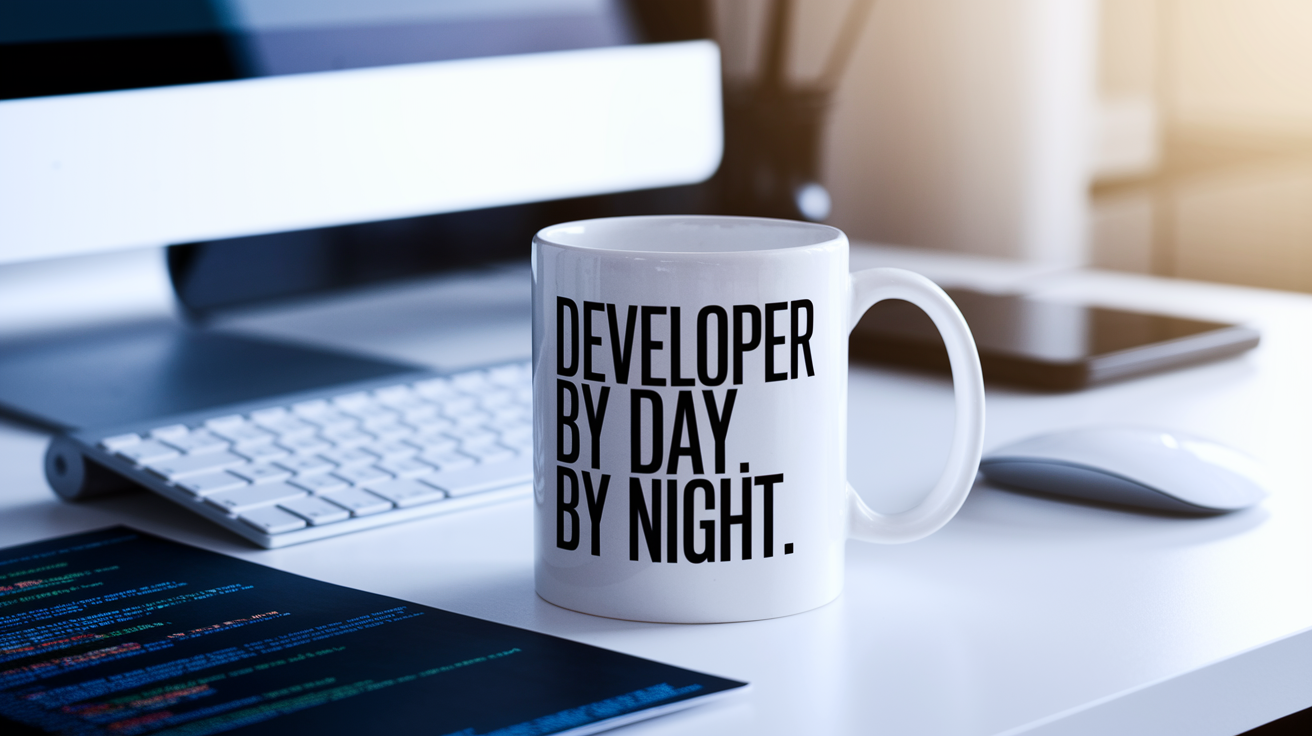 Developer by Day Ninja by Night quote on coffee mug mockup for Amazon POD