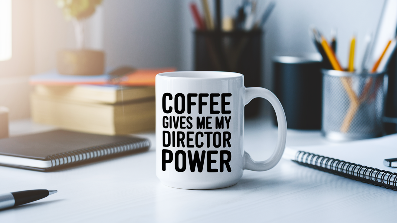 Coffee Gives Me My Director Power quote on coffee mug mockup for Amazon POD