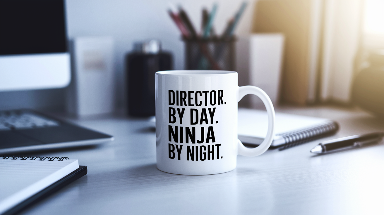 Director by Day Ninja by Night quote on coffee mug mockup for Amazon POD
