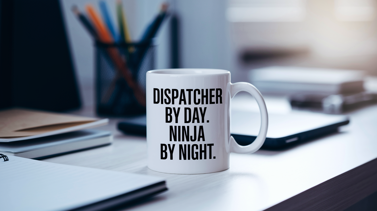Dispatcher by Day Ninja by Night quote on coffee mug mockup for Amazon POD