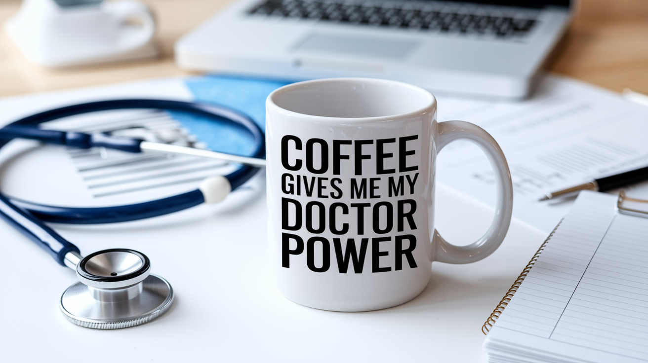 Coffee Gives Me My Doctor Power quote on coffee mug mockup for Amazon POD