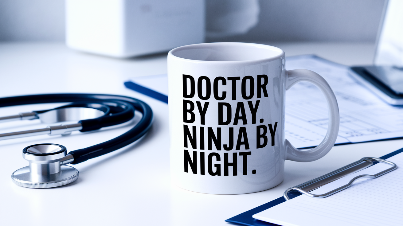 Doctor by Day Ninja by Night quote on coffee mug mockup for Amazon POD