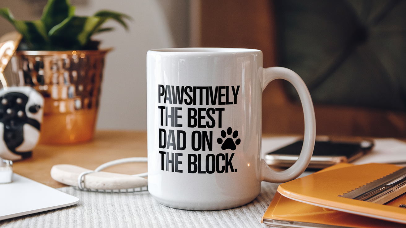 Coffee Gives Me My Dog Dad Power quote on coffee mug mockup for Amazon POD