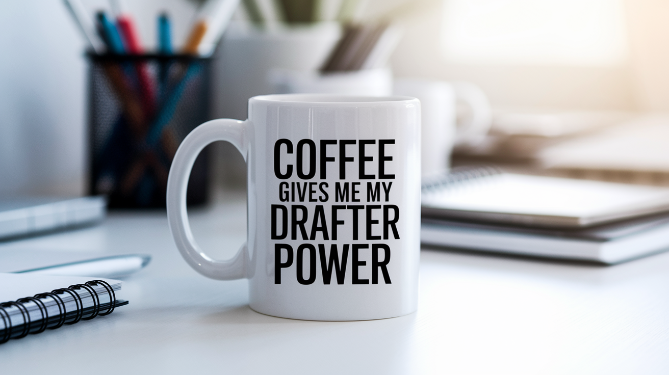 Coffee Gives Me My Drafter Power quote on coffee mug mockup for Amazon POD
