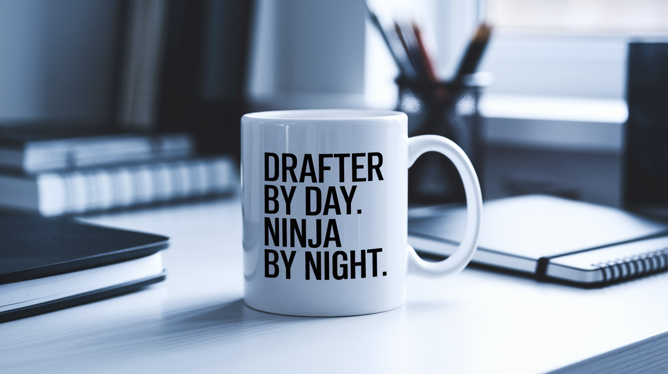 Drafter by Day Ninja by Night quote on coffee mug mockup for Amazon POD