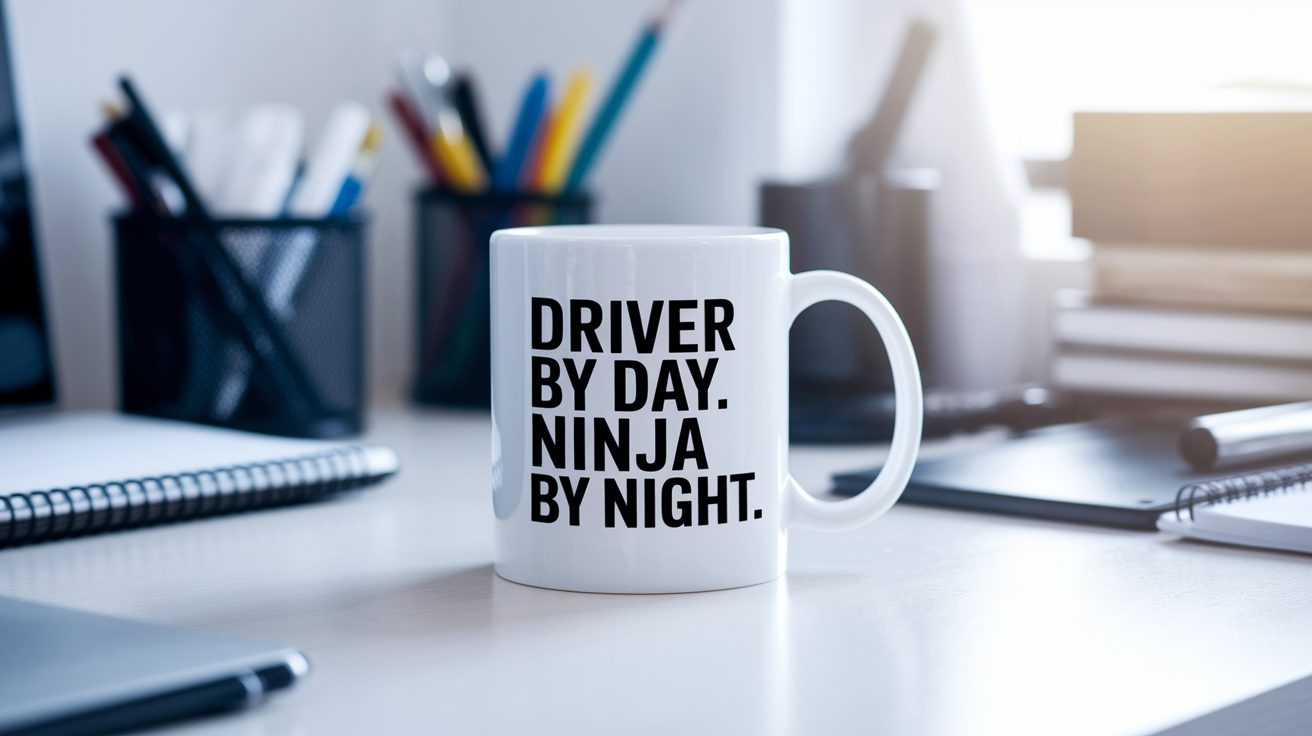 Driver by Day Ninja by Night quote on coffee mug mockup for Amazon POD