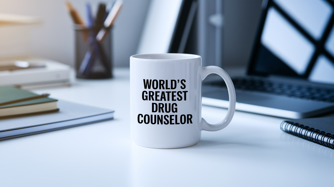 World's Greatest Drug Counselor quote on coffee mug mockup for Amazon POD