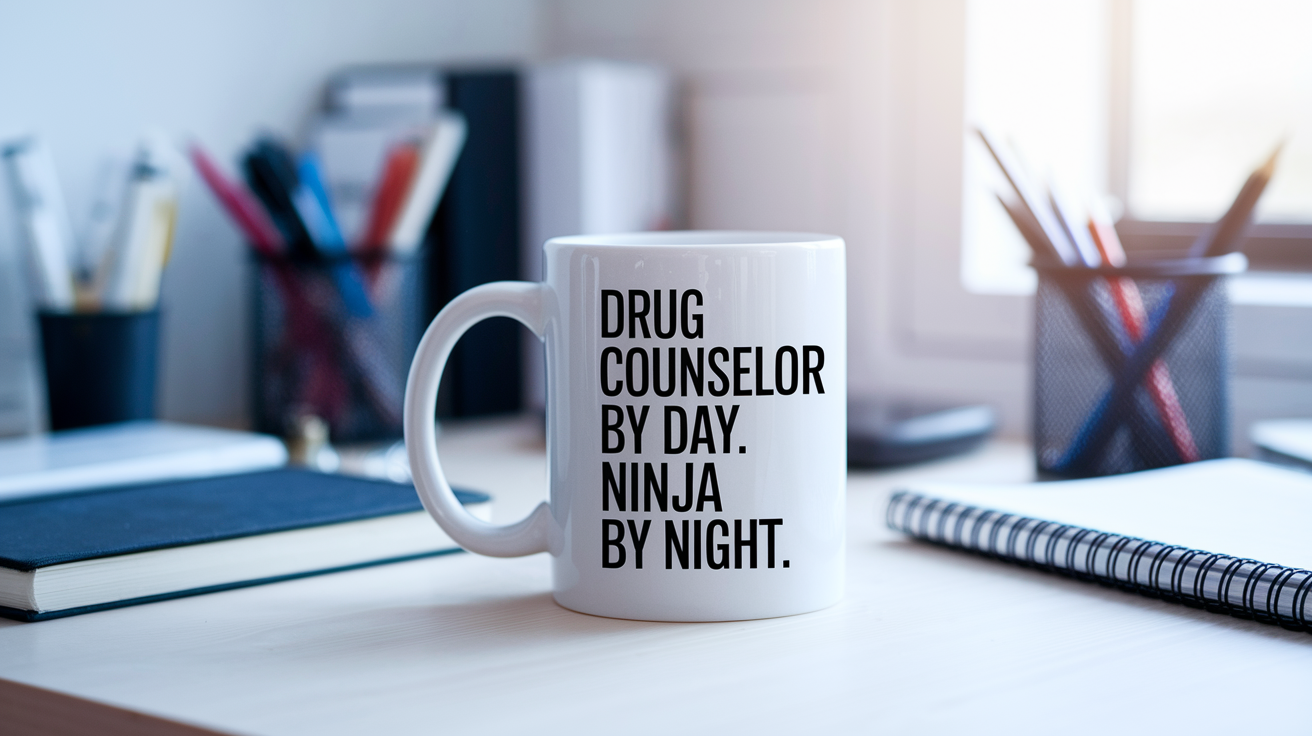 Drug Counselor by Day Ninja by Night quote on coffee mug mockup for Amazon POD