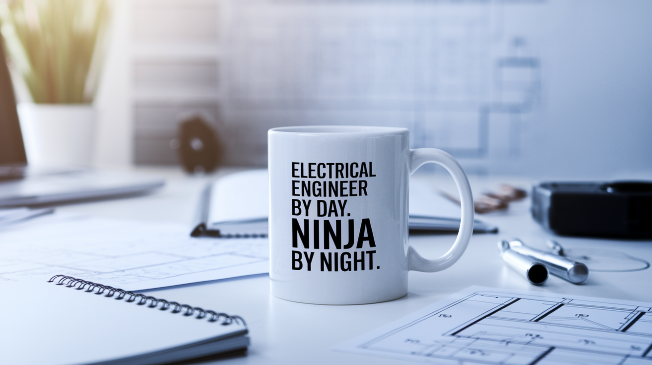 Electrical Engineer by Day Ninja by Night quote on coffee mug mockup for Amazon POD