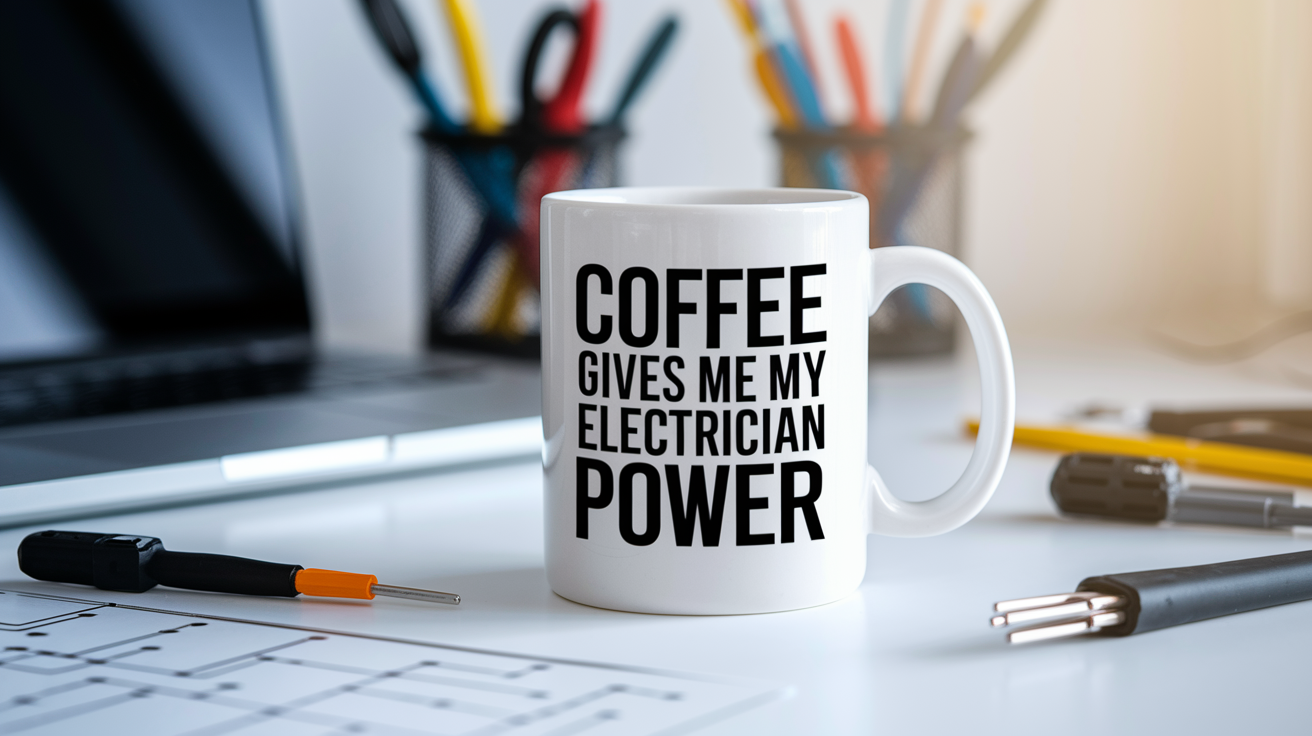 Coffee Gives Me My Electrician Power quote on coffee mug mockup for Amazon POD