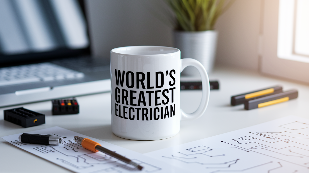 World's Greatest Electrician quote on coffee mug mockup for Amazon POD