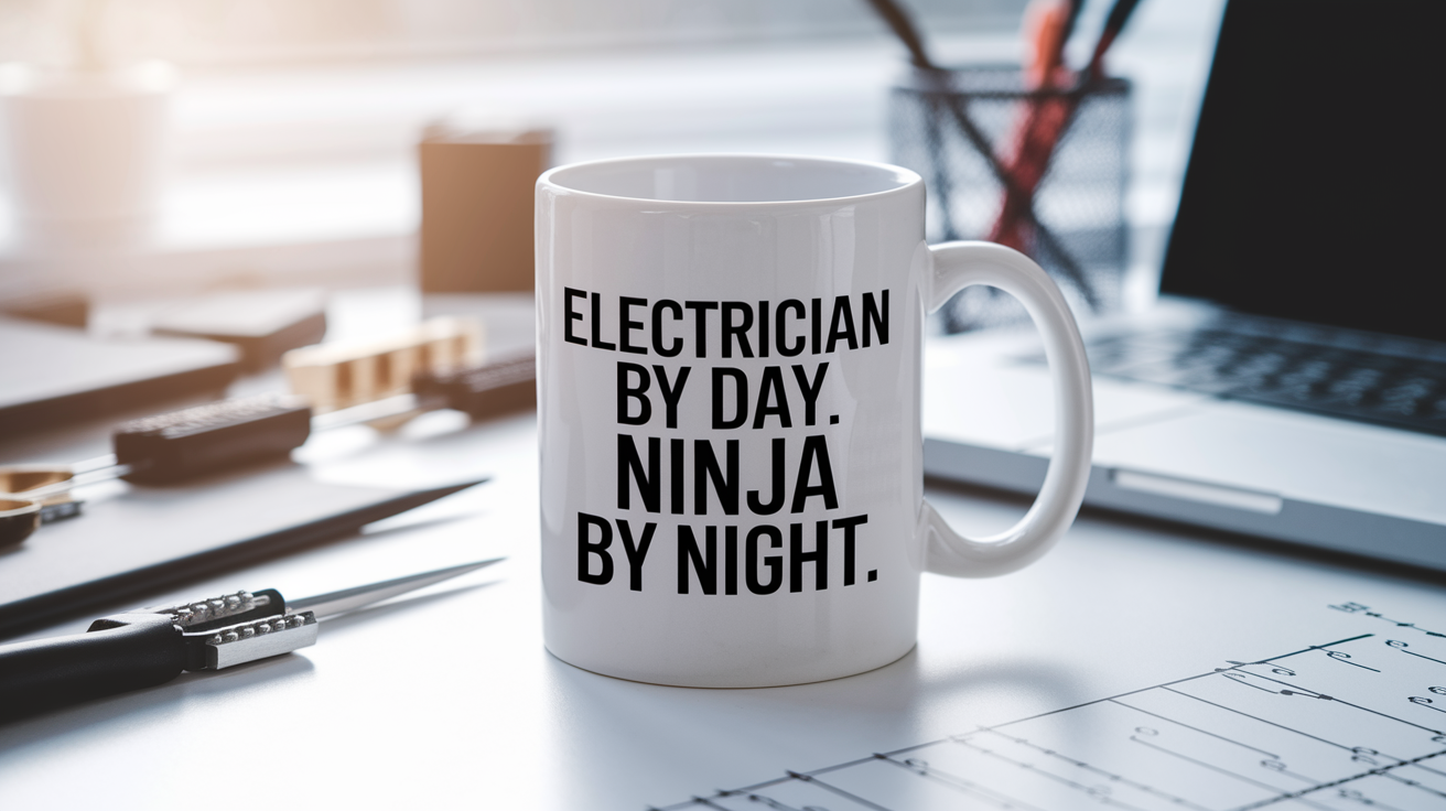 Electrician by Day Ninja by Night quote on coffee mug mockup for Amazon POD