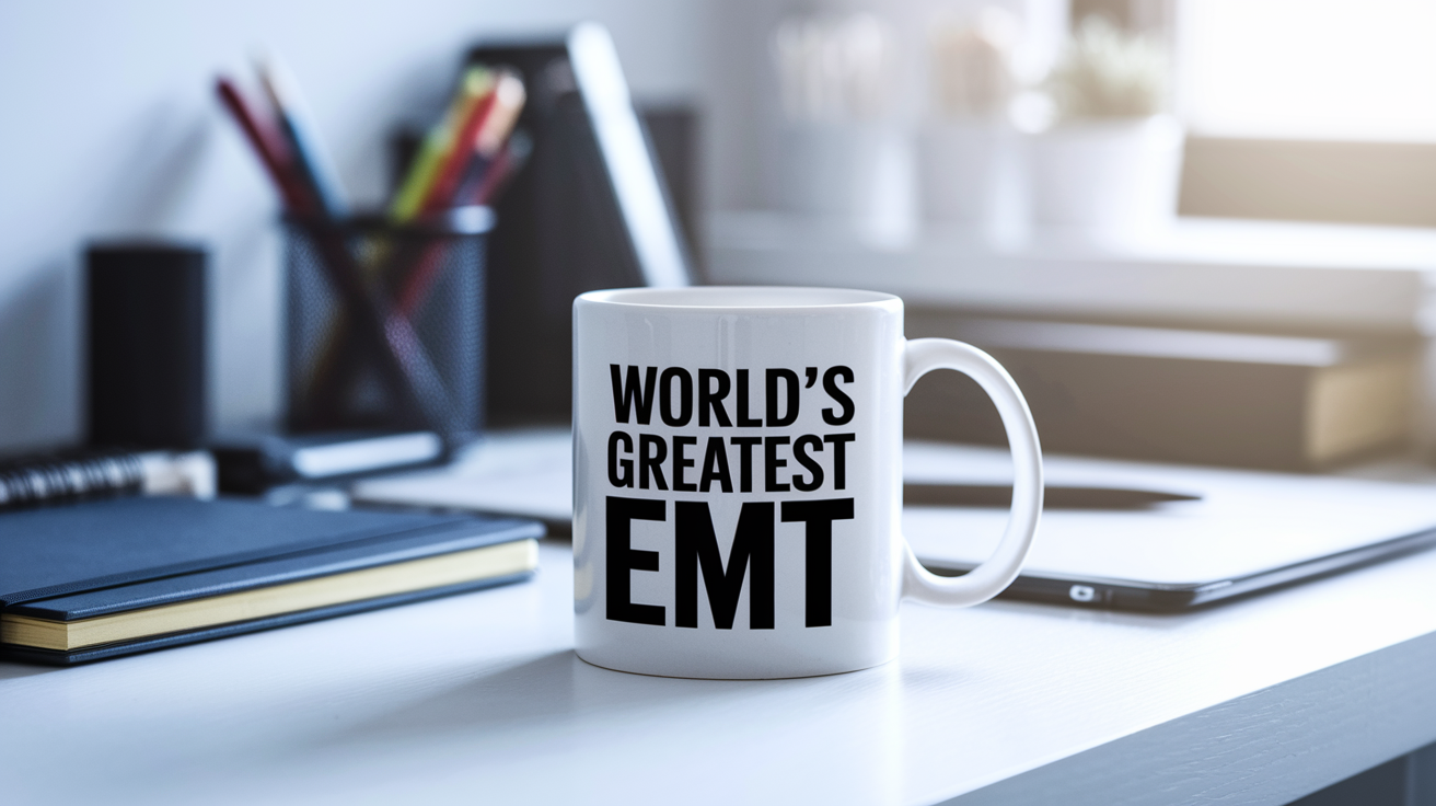 World's Greatest Emt quote on coffee mug mockup for Amazon POD