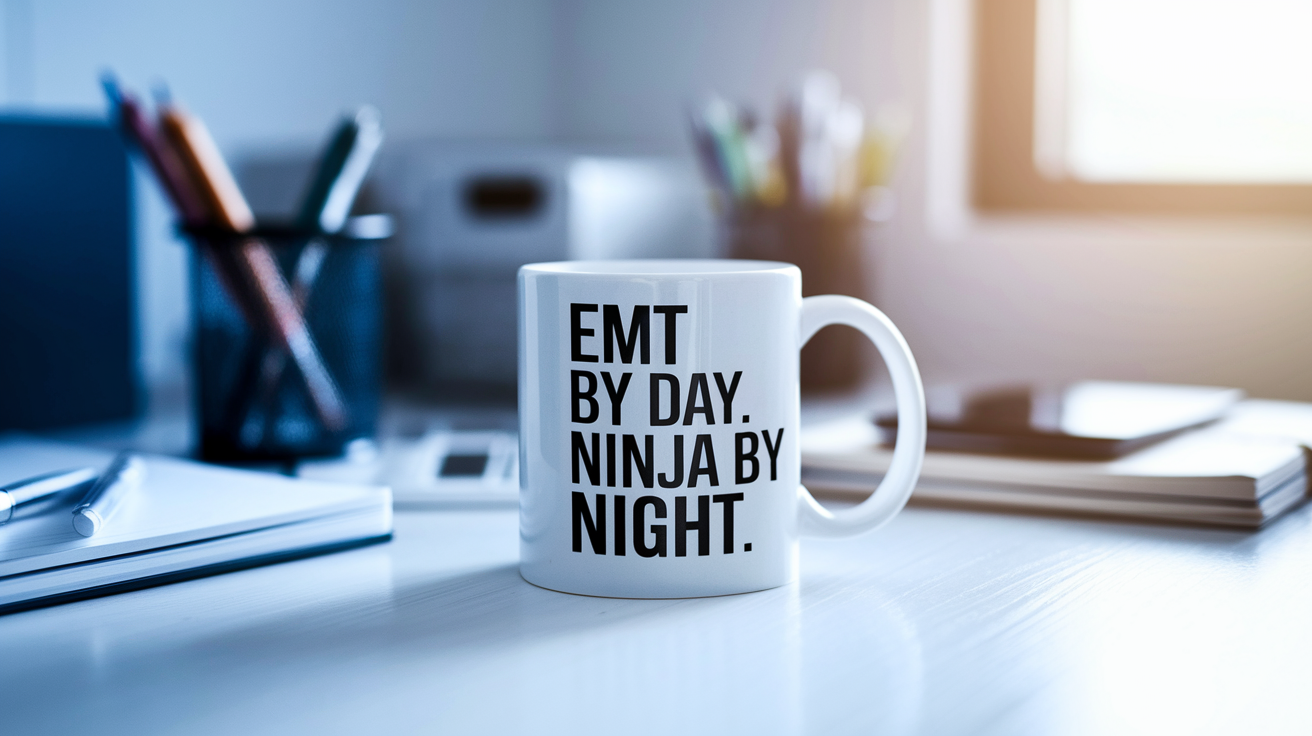 Emt by Day Ninja by Night quote on coffee mug mockup for Amazon POD