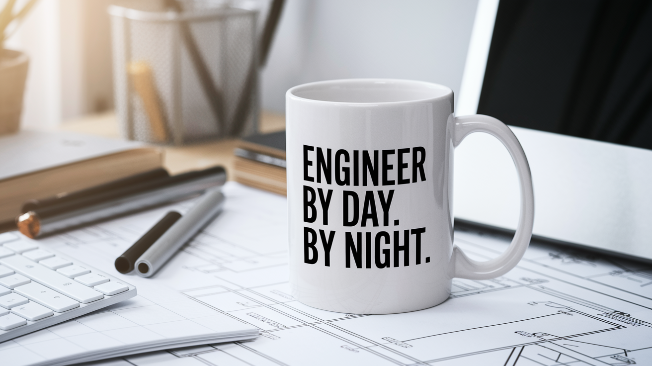 Engineer by Day Ninja by Night quote on coffee mug mockup for Amazon POD