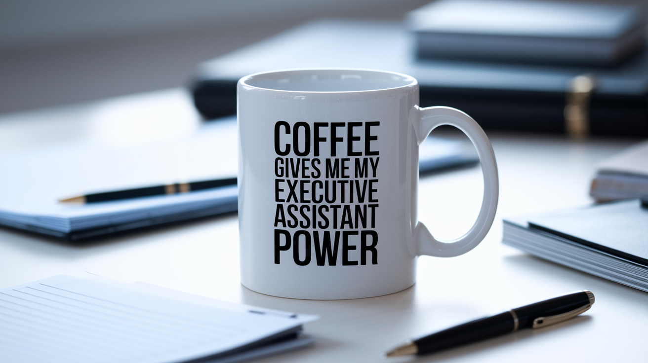 Coffee Gives Me My Executive Assistant Power quote on coffee mug mockup for Amazon POD