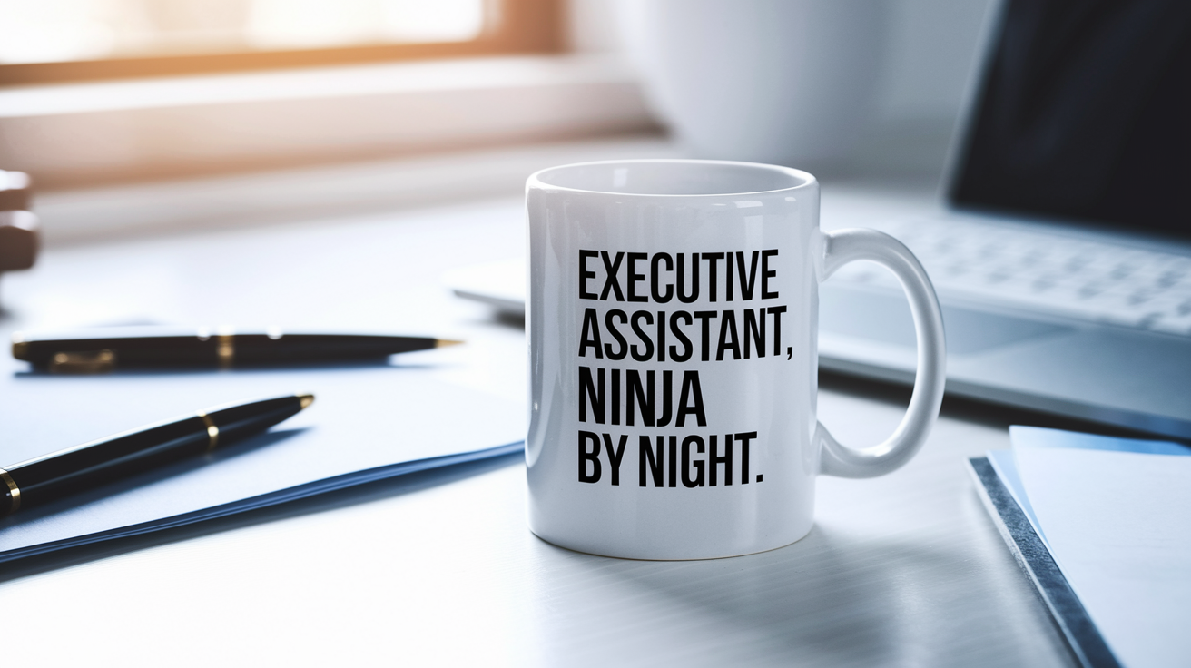Executive Assistant by Day Ninja by Night quote on coffee mug mockup for Amazon POD