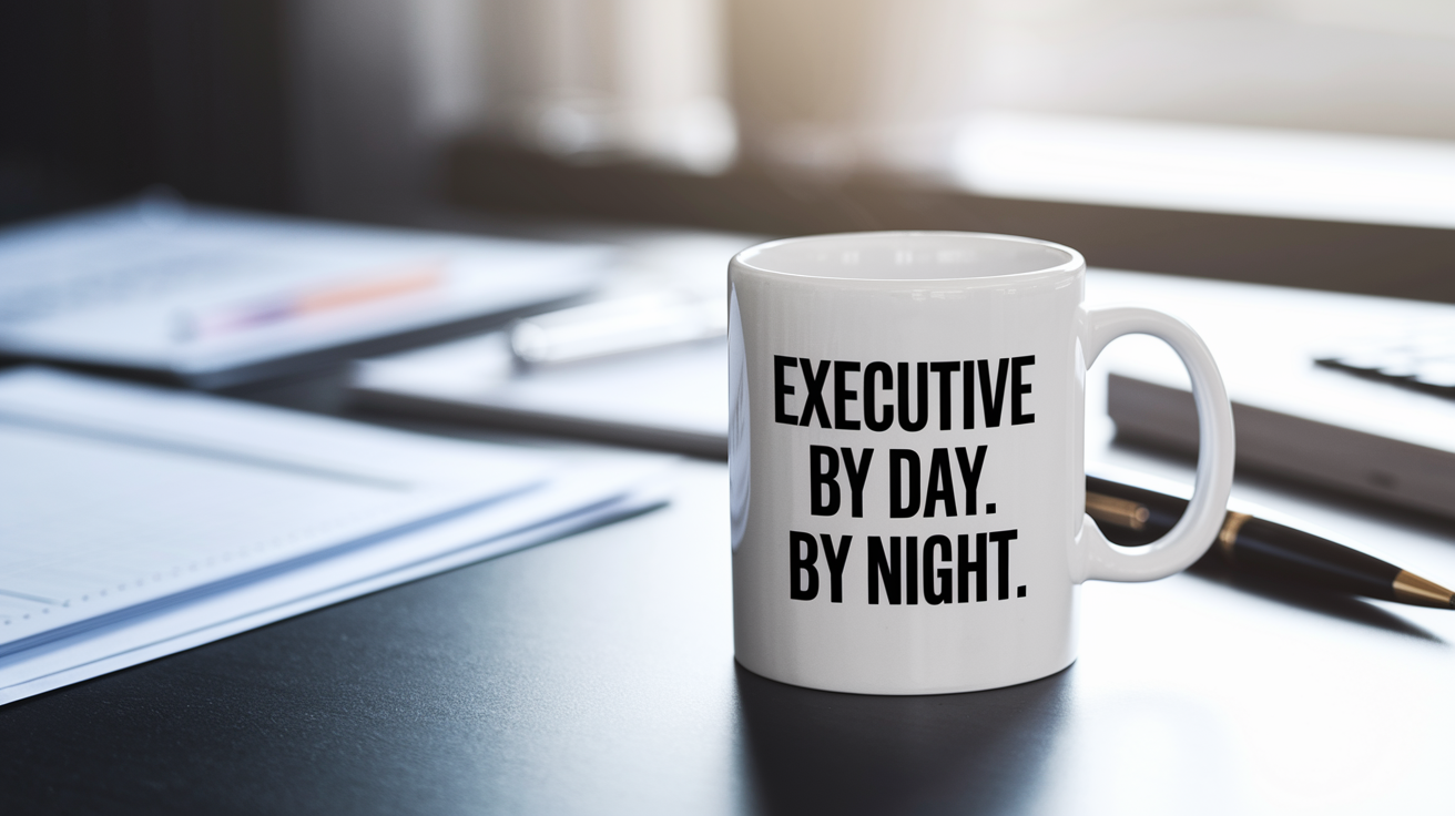 Executive by Day Ninja by Night quote on coffee mug mockup for Amazon POD