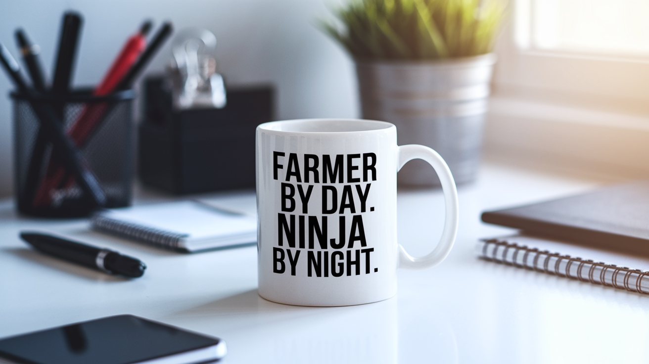 Farmer by Day Ninja by Night quote on coffee mug mockup for Amazon POD