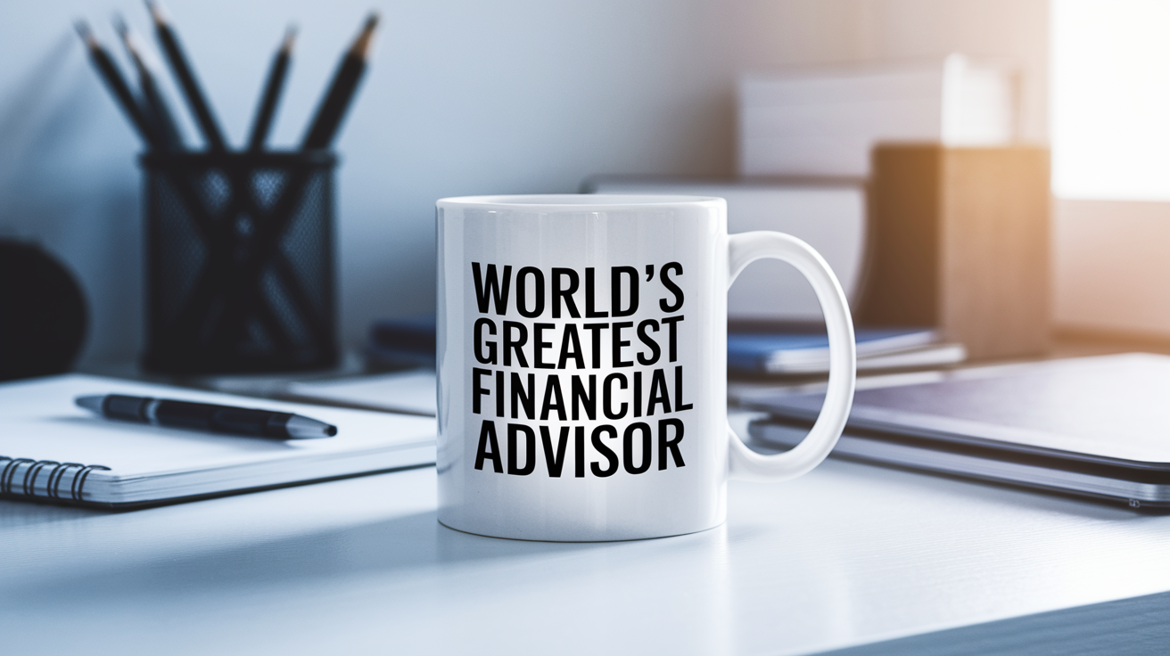 World's Greatest Financial Advisor quote on coffee mug mockup for Amazon POD