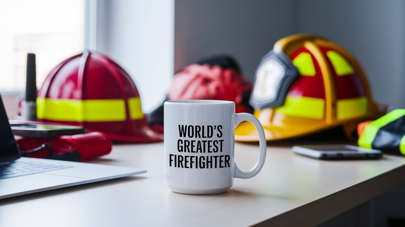 World's Greatest Firefighter quote on coffee mug mockup for Amazon POD