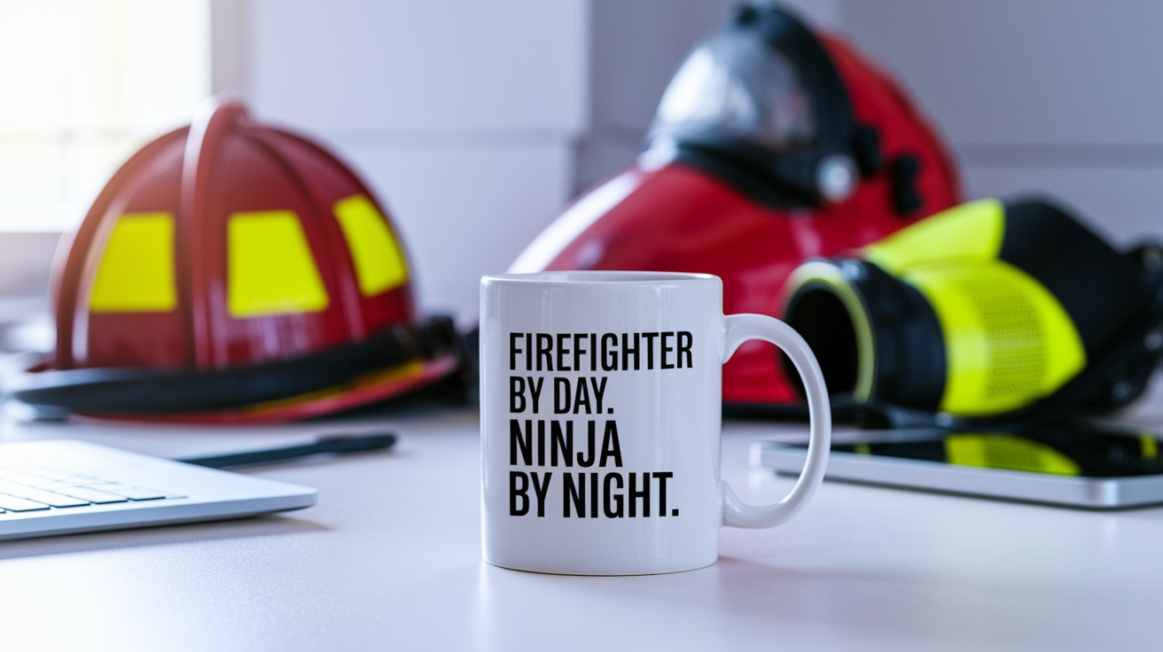 Firefighter by Day Ninja by Night quote on coffee mug mockup for Amazon POD
