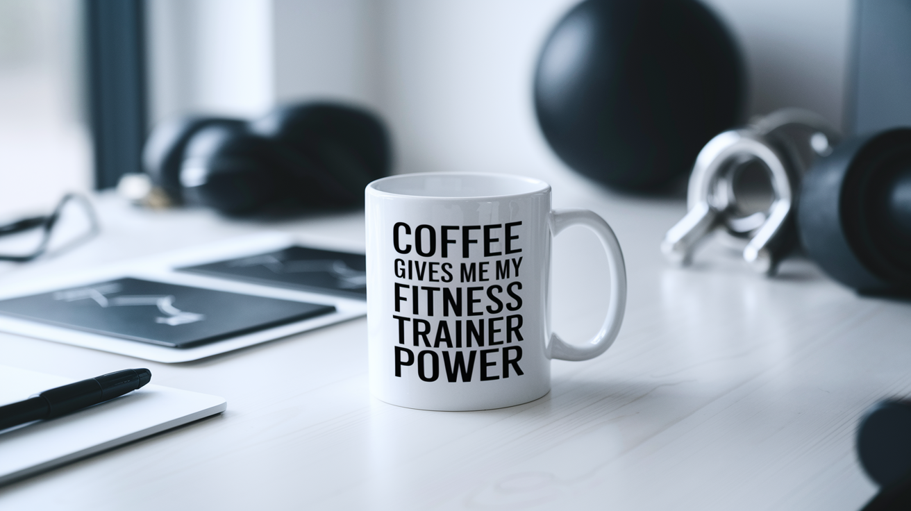 Coffee Gives Me My Fitness Trainer Power quote on coffee mug mockup for Amazon POD