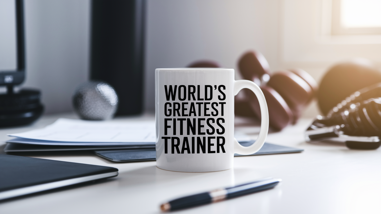 World's Greatest Fitness Trainer quote on coffee mug mockup for Amazon POD