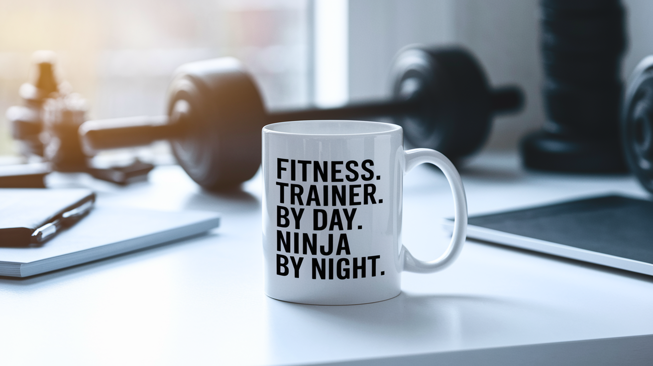 Fitness Trainer by Day Ninja by Night quote on coffee mug mockup for Amazon POD