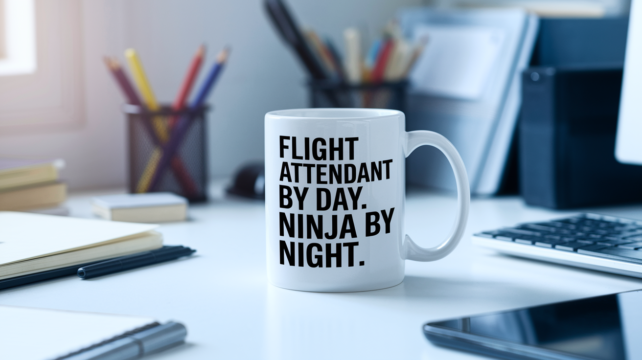 Flight Attendant by Day Ninja by Night quote on coffee mug mockup for Amazon POD