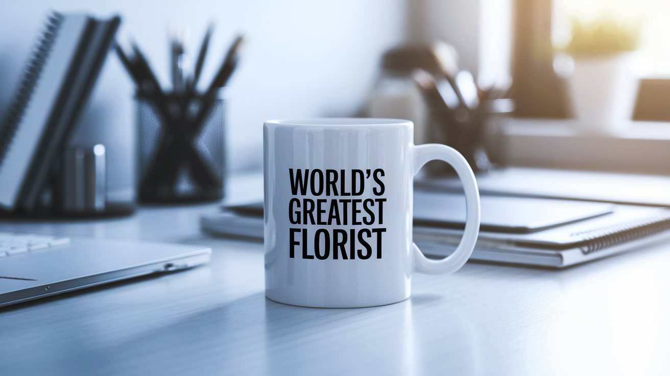 World's Greatest Florist quote on coffee mug mockup for Amazon POD