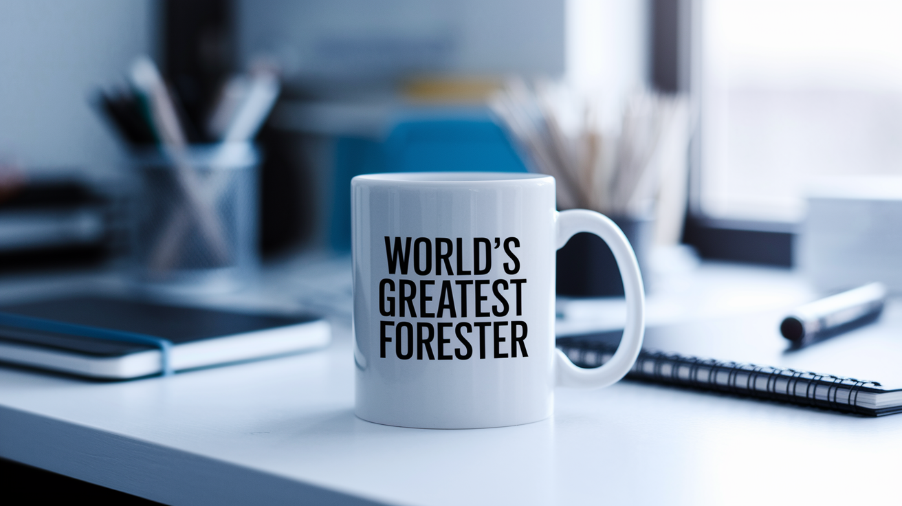 World's Greatest Forester quote on coffee mug mockup for Amazon POD