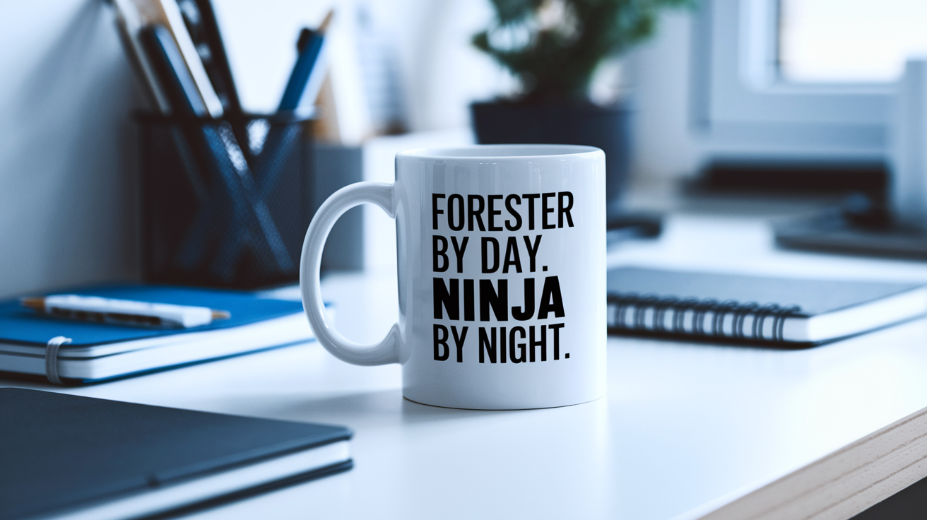 Forester by Day Ninja by Night quote on coffee mug mockup for Amazon POD