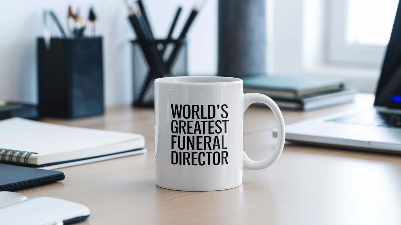 World's Greatest Funeral Director quote on coffee mug mockup for Amazon POD
