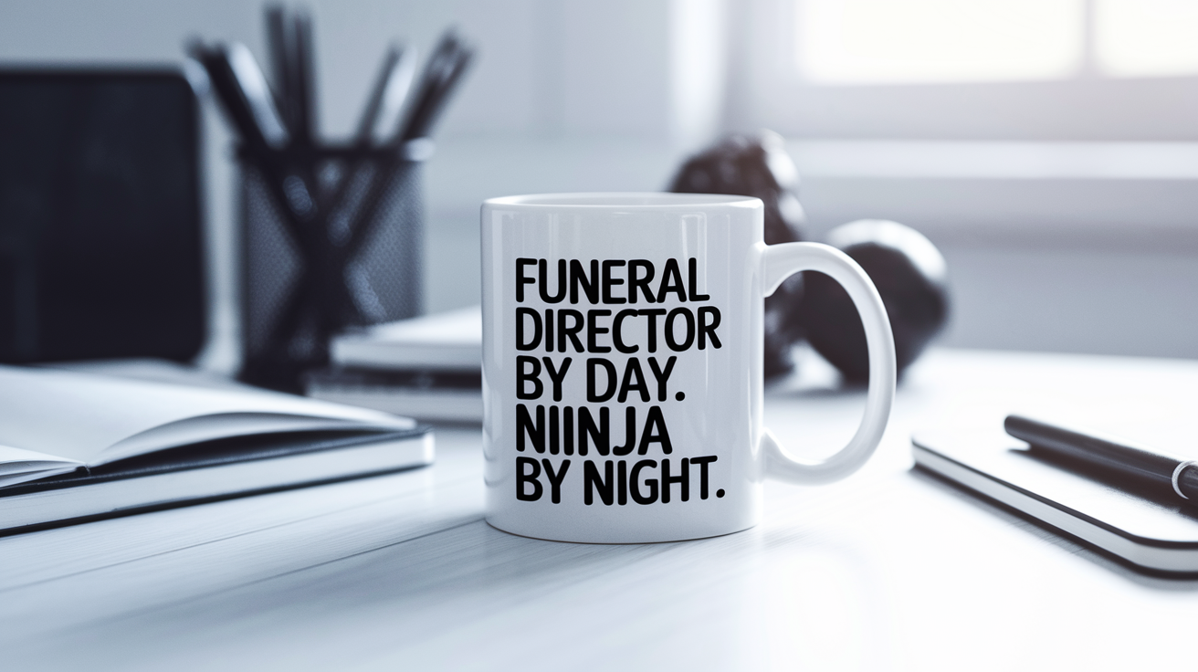 Funeral Director by Day Ninja by Night quote on coffee mug mockup for Amazon POD