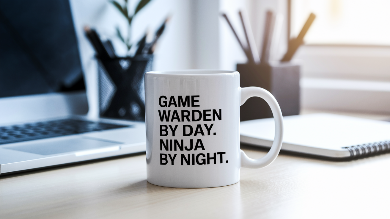 Game Warden by Day Ninja by Night quote on coffee mug mockup for Amazon POD