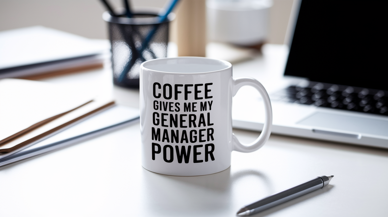 Funny General Manager quote on travel mug mockup for Amazon POD